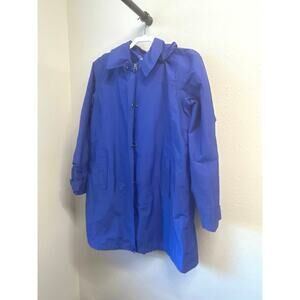LL Bean Blue Hooded Long length button up lined Rain Coat Jacket pockets Size M